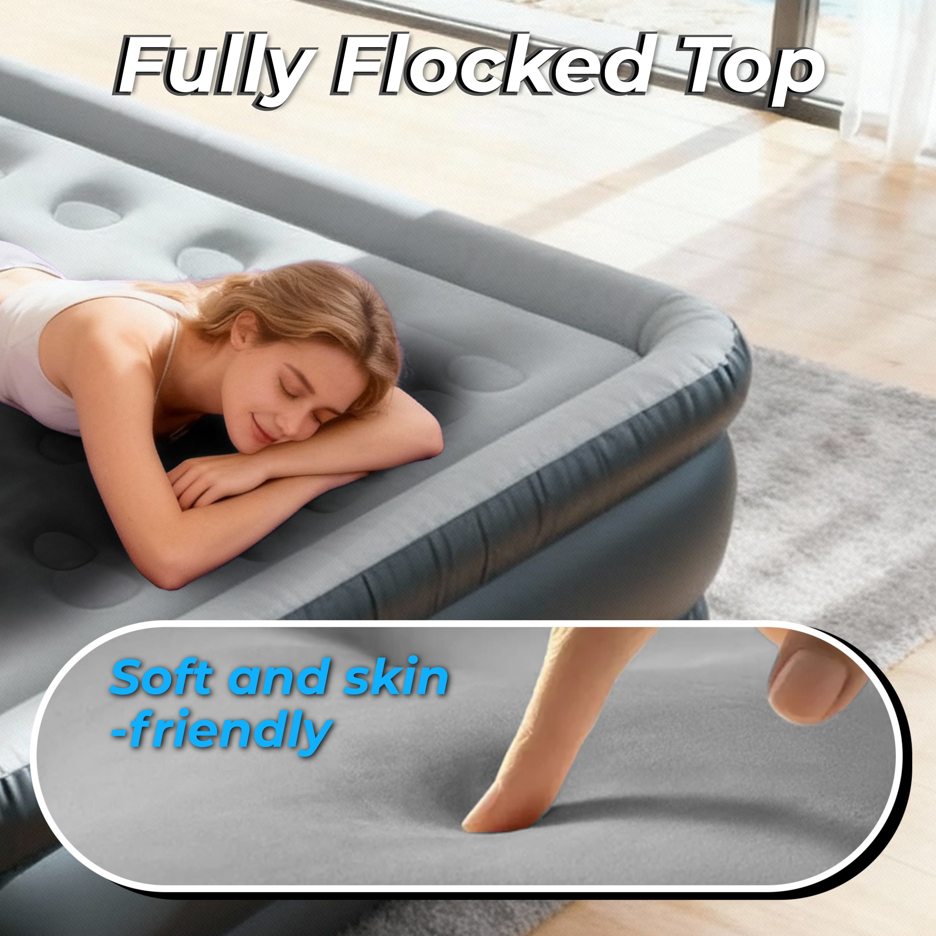 LussoAmor 18" Queen Air Mattress with Built-in Pump, 3-Mins Self-Inflation, Blow Up Bed for Camping, Home & Guest, 650lb, Gray