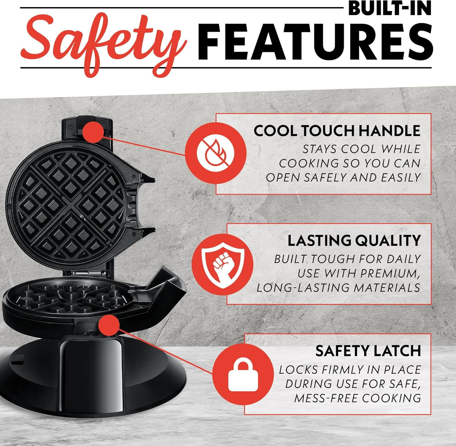 Dual Pour Waffle Maker – Belgian Waffle Maker with Mess  Spout, Nonstick Plates, Compact Upright Storage, 800W, Black