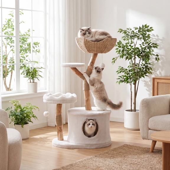 MOALCOFER Solid Natural Pear Wood Cat Tree, Multi-Level Cat Tower with Woven Basket Perch, Sisal Scratching Posts & Hanging Toy Ball