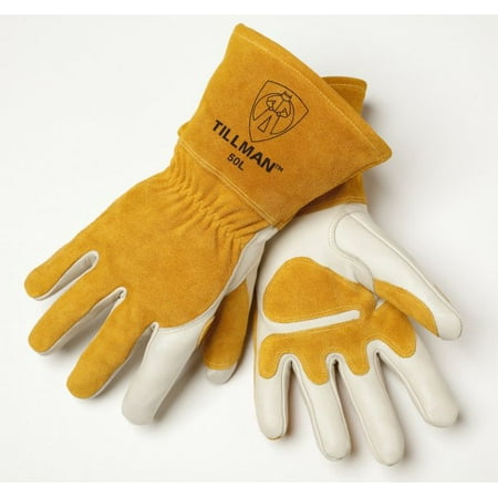 Premium Cowhide Leather Gauntlet - Tillman Medium 14'' Pearl Top Grain Side Split Cowhide Fleece Lined Premium Grade MIG Welders Gloves With Gauntlet Cuff, Seamless Index Finger And Elastic Back (Carded)
