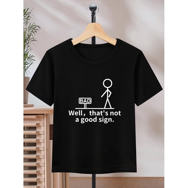 Camiseta roja de secado rápido para niño con estampado humorístico de "No es buena señal" - Cuello redondo, manga corta, informal, para verano