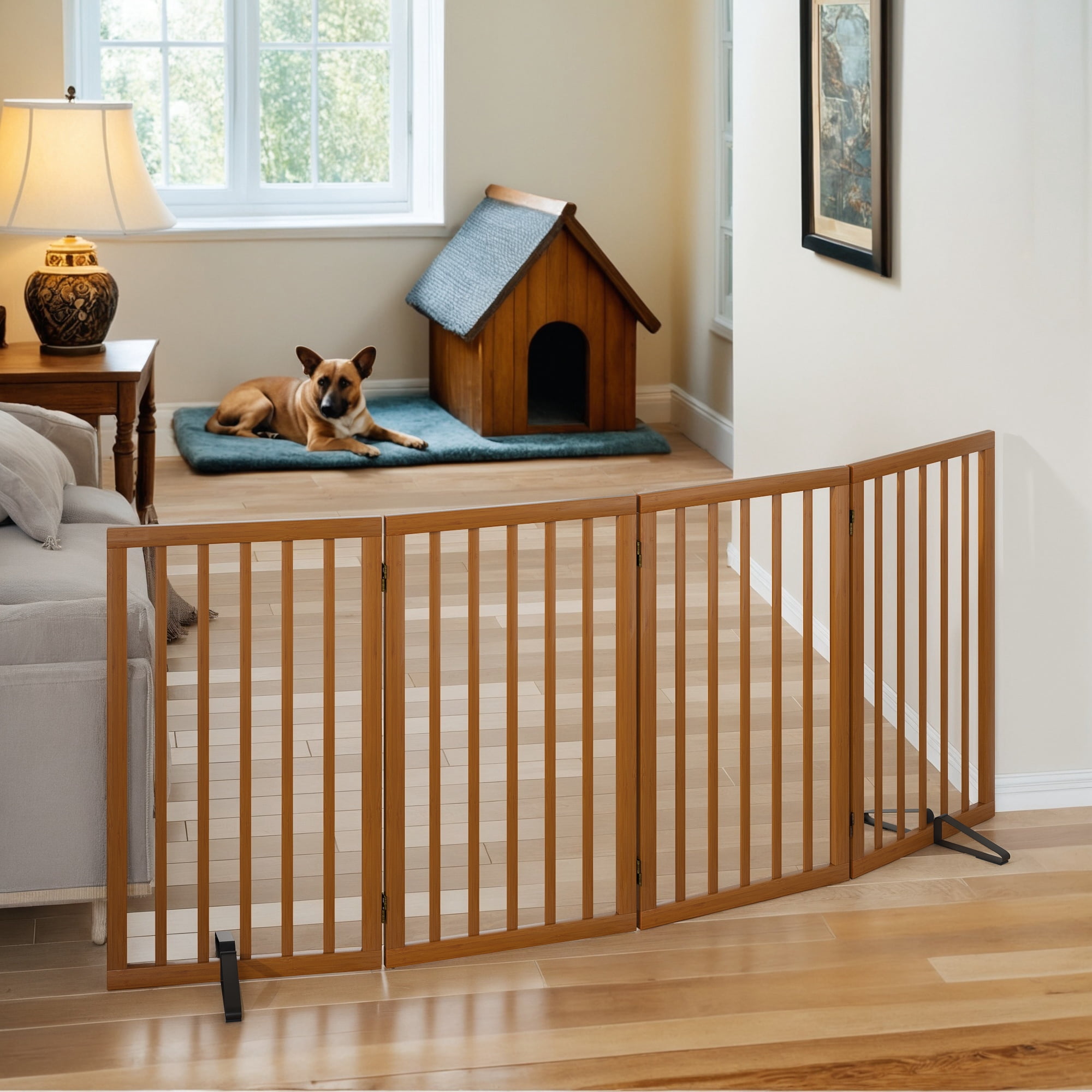 Smart FENDEE Bamboo Dog Gate Freestanding 4 Panel Pet Gate with 2 Support feet, 33" Tall, Walnut