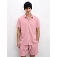 thumbnail image 4 of Men 2 Piece Outfit Solid Short Sleeve Button Shirt and Drawstring Shorts Summer Casual Set Pink L, 4 of 6