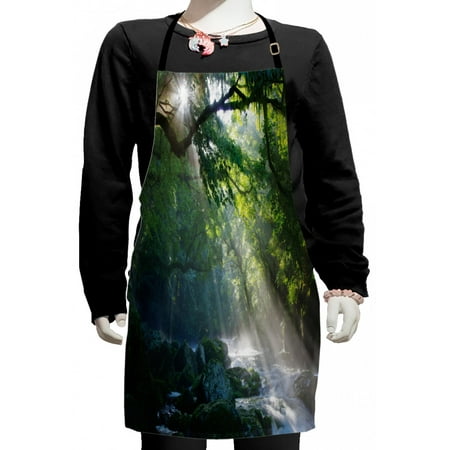 

Rainforest Kids Apron Stream in the Jungle Stones Under Shadows of Trees Sun Rays Mother Earth Theme Boys Girls Apron Bib with Adjustable Ties for Cooking Baking Painting Green White by Ambesonne
