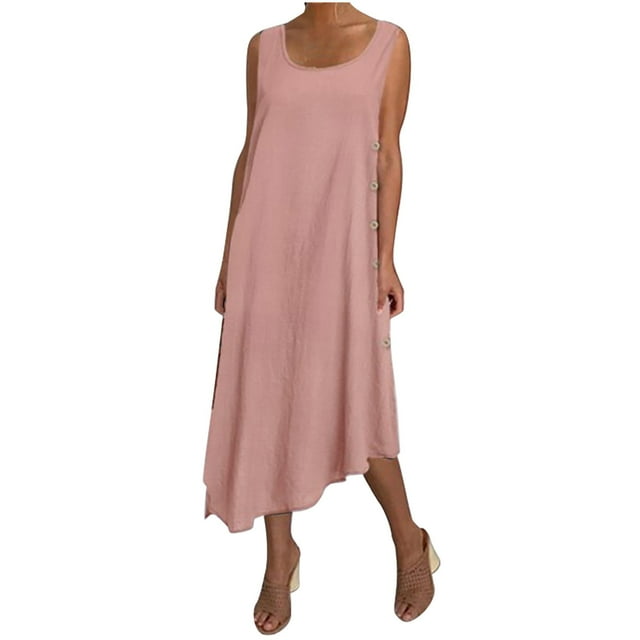 QIPOPIQ Robe d'Été 2024 pour Femme Nouvelle Robe Soleil Coton Lin Couleur Unie Bouton Robe Évasée Irrégulière Jupe Longue Liquidation