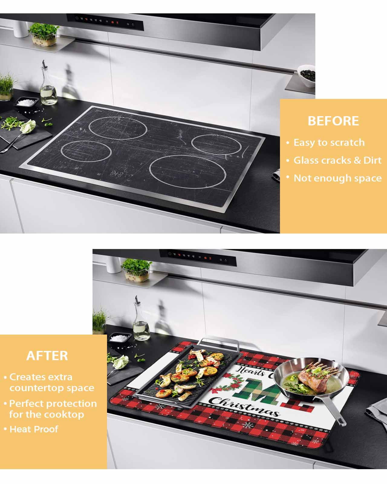 Large Induction Cooktop Protector Mat Christmas Stove Top Covers for Electric Stove, Winter Poinsettia Snowflakes Red Black Plaid Decorative Stove Burner Cover Mats, Glass Top Stove Cover