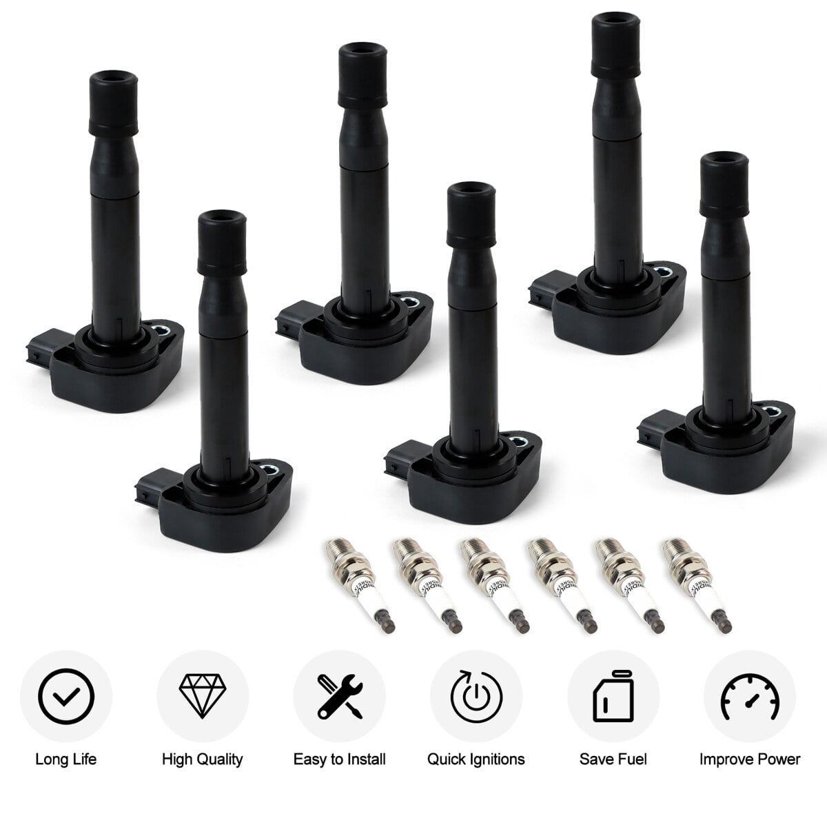 POLARPRA Ignition Coil & Iridium Spark Plug Set, 6pcs for Honda Accord, Odyssey, Acura UF242