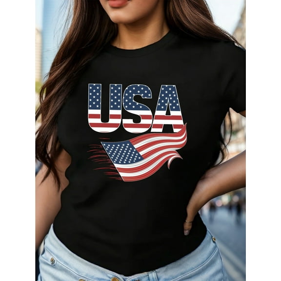 Women'S Patriotic USA Flag Graphic T-Shirt, Casual Crew Neck Short Sleeve Top, 100% Cotton, Regular Fit for Spring/Summer
