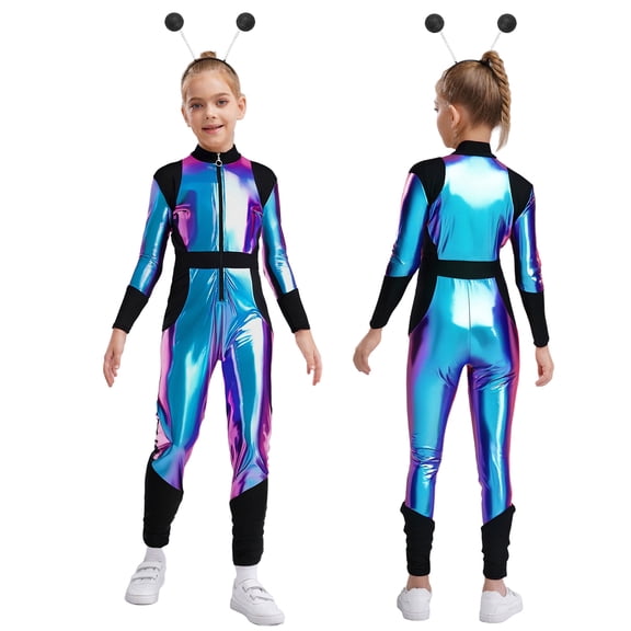 iiniim Girls Dance Outfit Metallic Long Sleeve Zip Neck Jumpsuit with Hair Hoop Blue Black 10