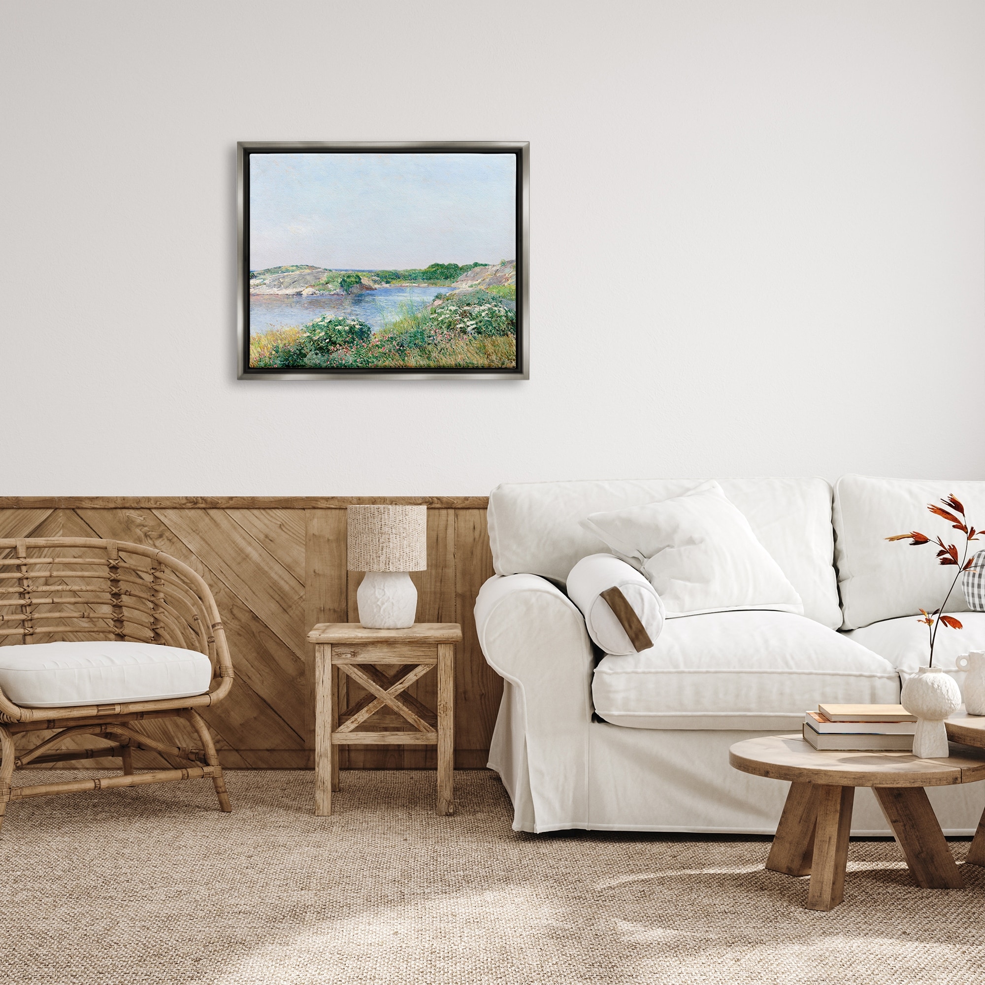 Stupell Industries Rocky Shore Flower Bushes Ocean Inlet Scene Painting Luster Gray Floating Framed Canvas Print Wall Art, Design by Lettered and Lined