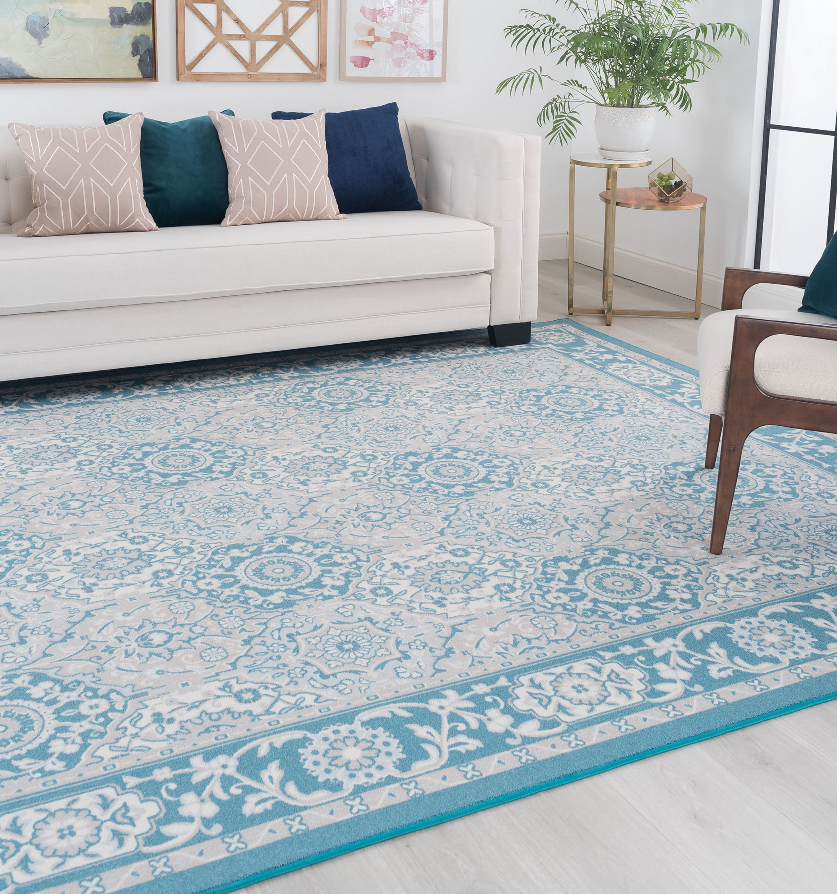 Traditional 9x12 Area Rug (8'9'' x 12'3'') Oriental Teal, Gray Living Room Easy to Clean