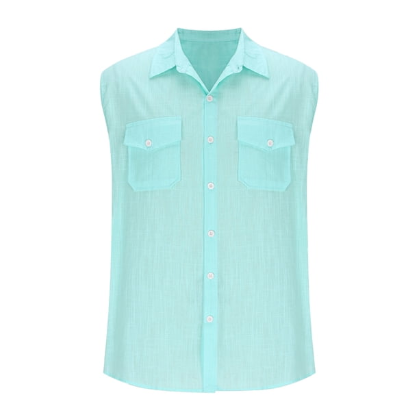Camiseta sin mangas con cuello alto para hombre, informal y a la moda, con botones sueltos, sin mangas, con cuello alto, blusa para hombre