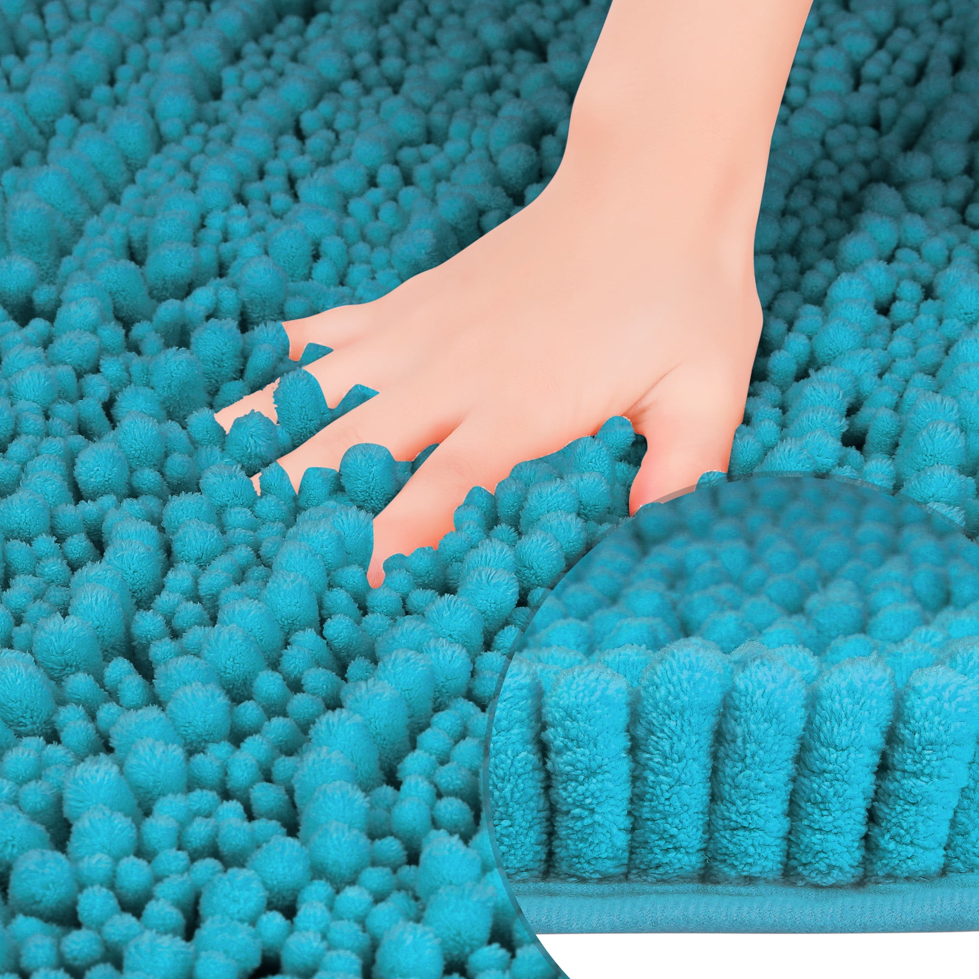 Unique Bargains Chenille Bathroom Rugs Non-Slip Bath Rugs Plain Washable Soft Shower Mat Blue 16" x 24"
