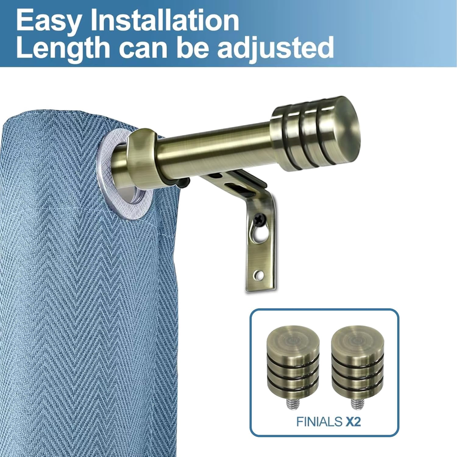 Urbanest Adjustable Single Curtain Rod Set Aspire Finials – 5/8-Inch Diameter, With Antique Brass Rod, 48–84 Inches
