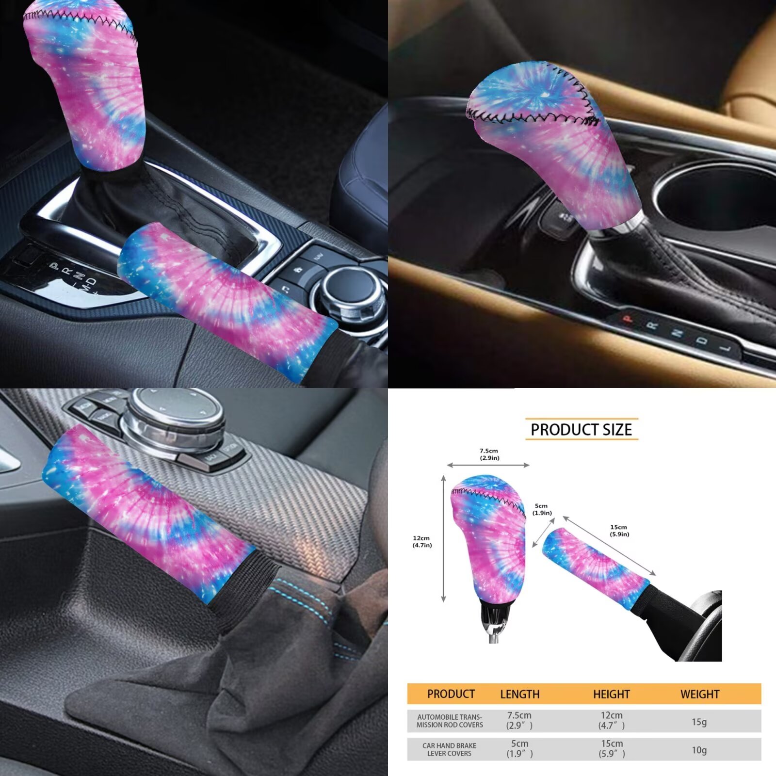 Garronmavis Blue & Pink Dye-Tie Car Seat Covers Full Set Universal Fit Most Vehicle Decor Interior with Steering Wheel Wrap Gear Shift Cover Handbrake Sleeve Headrest Protectors Cup Coaster