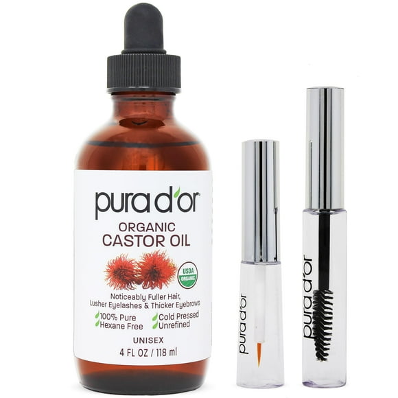 Aceite de ricino PURA D'OR 120 ml con 2 cepillos adicionales 100% orgánicos