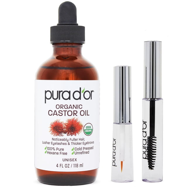 Aceite de ricino PURA D'OR 120 ml con 2 cepillos adicionales 100% orgánicos