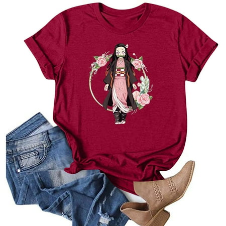 Demon Slayer: Kimetsu no Yaiba: Series 1 Kamado Nezuko Women'S Summer Casual Loose Nezuko Anime Printed T-Shirt Round Neck Pullover Short Sleeve (Life Is Better With My Boys) Wine