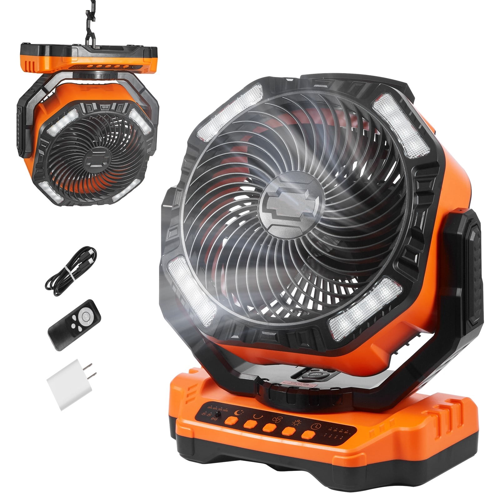 SKYSHALO 13 inch Camping Tent Fan, 2000mAh Portable Fan with Hook for Tents, Rechargeable Auto Oscillating with LED Lantern 4 Speeds Adjustable, Swivel Timer