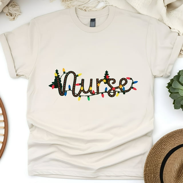 Nurse Graphic T-Shirt with String Lights Design, Unisex Casual Tee, Natural, Size 2XL
