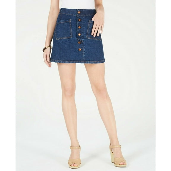 Women OAT Cotton Button-Front Denim Mini A-Line Skirt 2 front pockets 2 colors (Dark Wash,28)