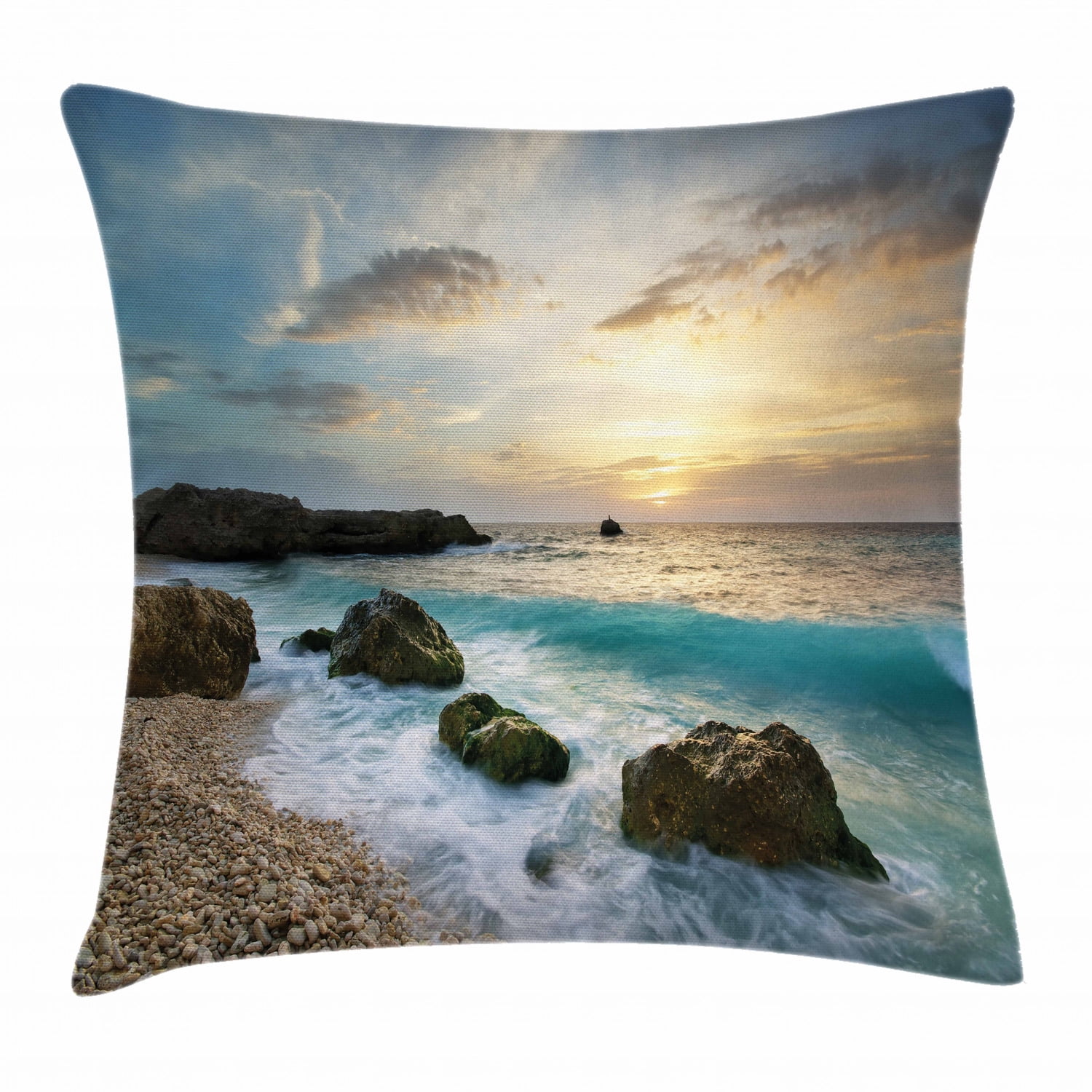 Ocean Throw Pillow Cushion Cover Seascape Composition Of Nature Rocks Waves Cloudy Sky Rising Sun Beach Photo Decorative Square Accent Pillow Case 16 X 16 Inches Brown Blue Yellow By Ambesonne