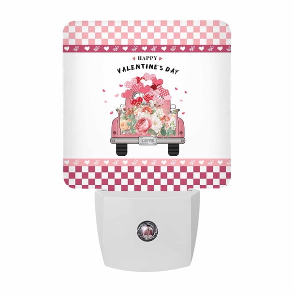 Night Lights Plug into Wall, Pink Valentine's Day LED Night Light with Dusk to Dawn Sensor, Love Heart Checkered Floral Truck Decorative Nightlight for Hallway Bathroom Kitchen