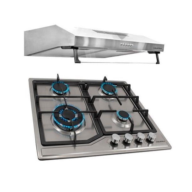 combo spazio parrilla a gas 4 quemadores y campana de pared extractora en acero inoxidable 60 cm