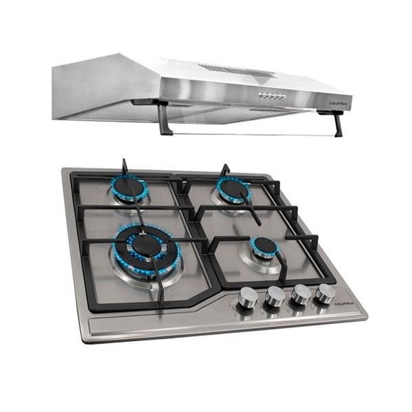 combo spazio parrilla a gas 4 quemadores y campana de pared extractora en acero inoxidable 60 cm