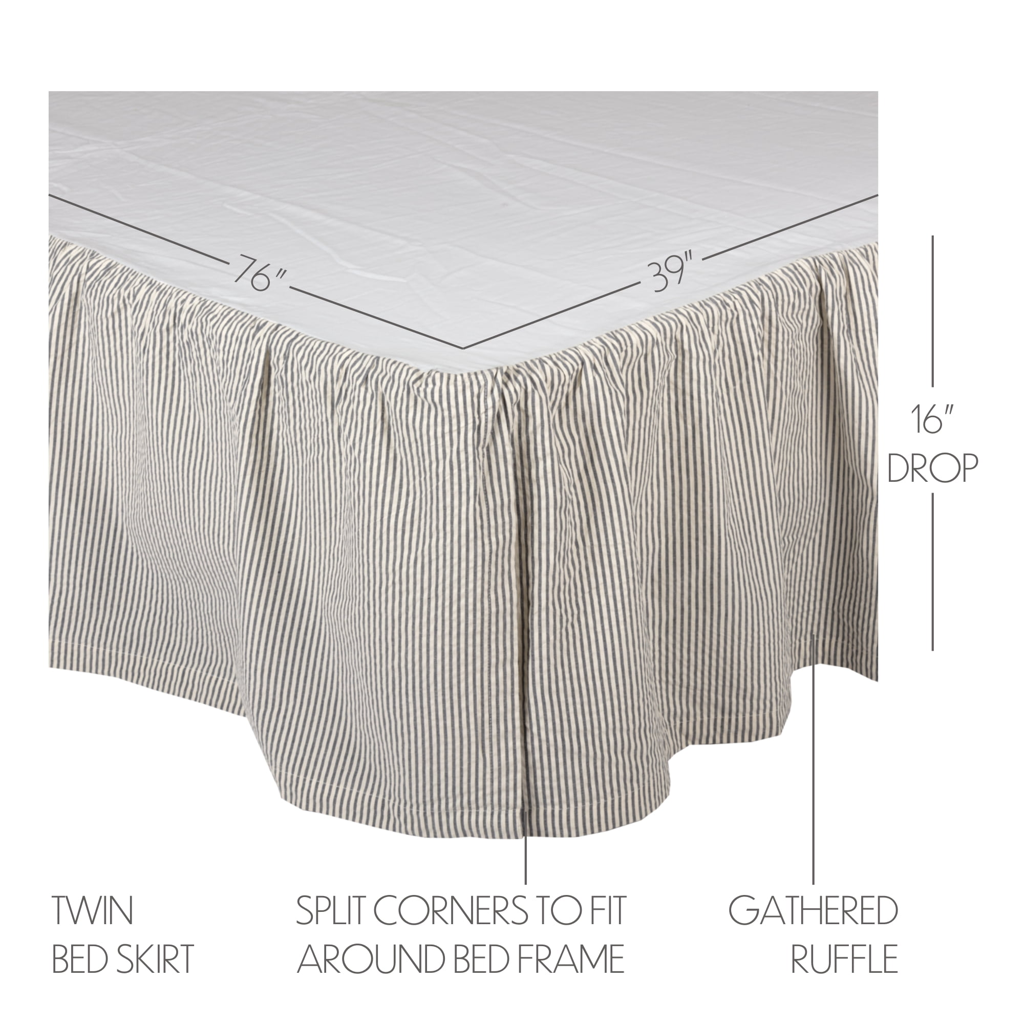 VHC Brands Hatteras Seersucker Ticking Striped Cotton Americana Split Corners Gathered Twin Bed Skirt, 39x76x16, Denim Blue