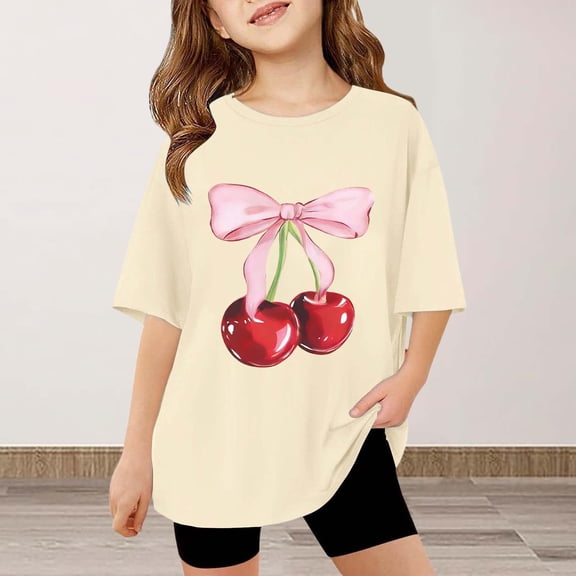 Girls Tops Floral Cherry Print Short Sleeve Tee Lightweight Summer Girls Clothes Beige 12-24 Months