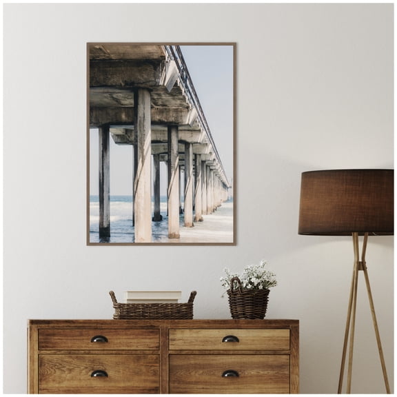 Kate and Laurel Framed Canvas Wall Art Print Pier Over The Water by Alicia Abla, 28 x 38 Sylvie Walnut Frame, Modern Contemporary, Beach Art for Wall Decor