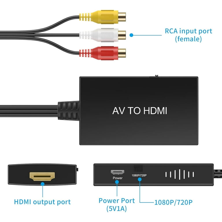 RCA to HDMI Converter,Viagkiki AV to HDMI Adapter,RCA to HDMI Composite  Audio Video Converter for PS1, PS2, PS3, STB, Xbox, VHS, VCR,Black-Ray DVD