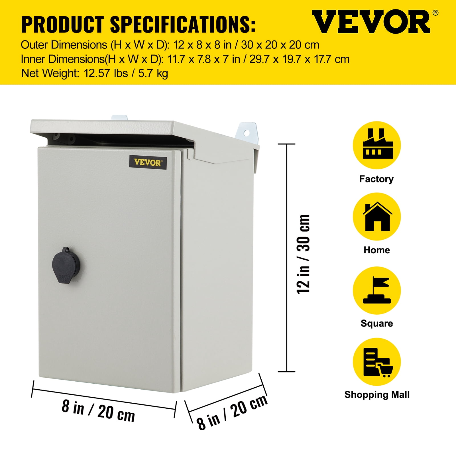 VEVOR Electrical Enclosure, 12'' x 8'' x 8'', UL Certified NEMA 4 Outdoor Enclosure, IP65 Waterproof & Dustproof Cold-Rolled Carbon Steel Hinged Junction Box for Outdoor Indoor Use, with Rain Hood