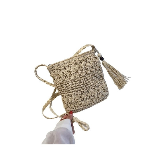 Women Beach Woven Straw Shoulder Messenger Bag with Tassel Boho Hollow Out Crochet Crossbody Handbag Macrame Clutch Purse with Zipper