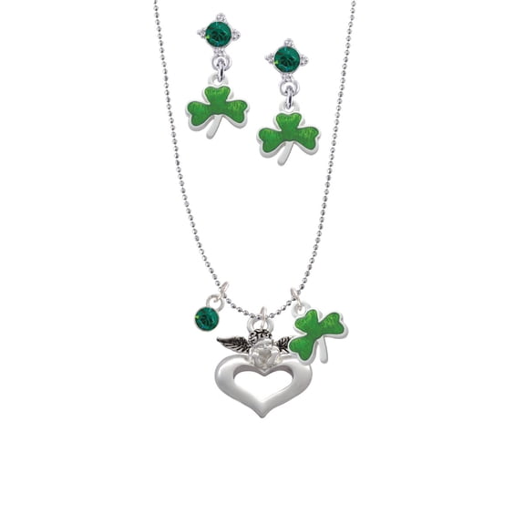 Delight Jewelry Silvertone Guardian Angel over Heart Green Shamrock Necklace and Clover Earrings Jewelry Set