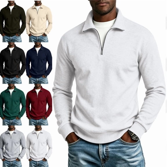 Mens Quarter Zip Pullover Sweater Lightweight Mock Neck Slim Fit Pullover Knit Casual Polo Sweaters White L