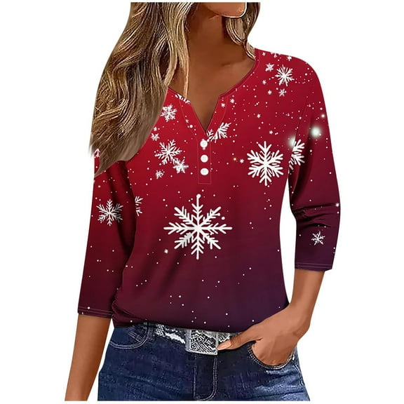 LiMoi Women's V Neck Christmas Snowflake Print 3/4 Sleeve Tops Tees Tshirts Shirts Blouse for Holiday Party My Items