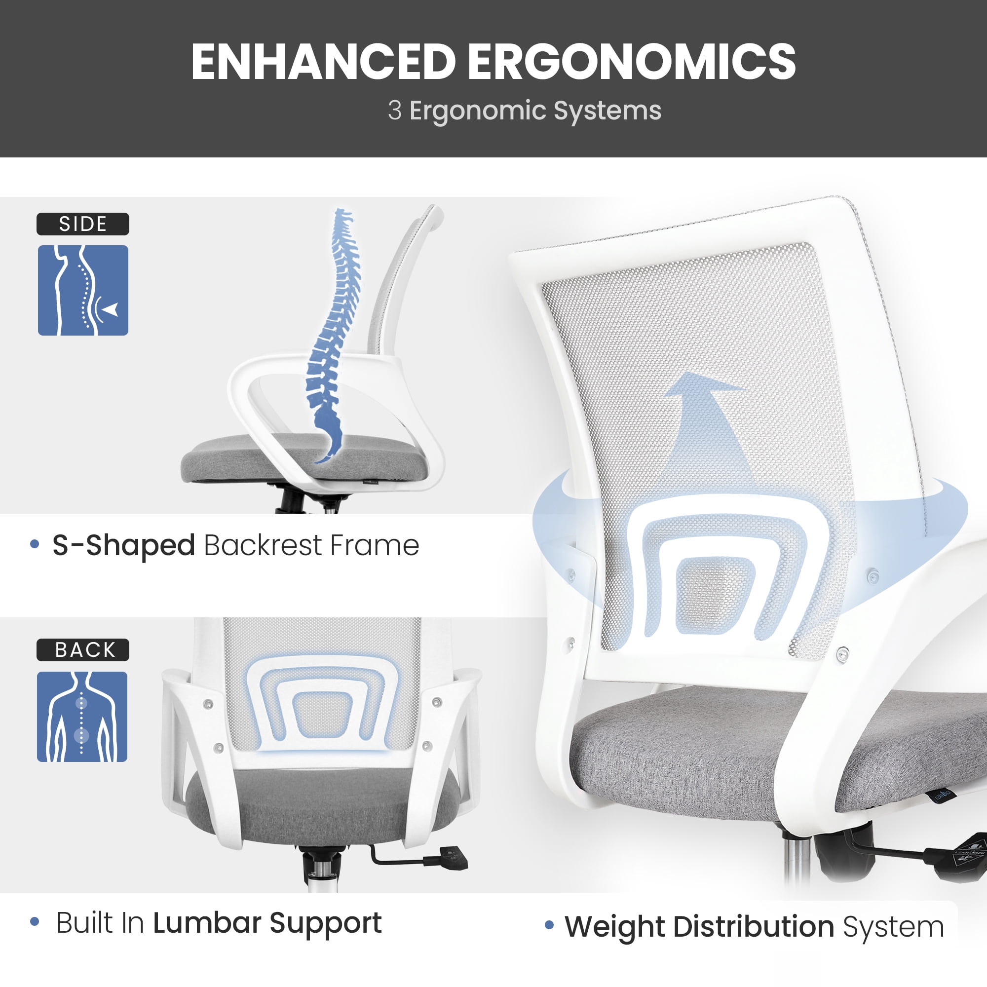 CELTOSS Office Chair, Adjustable Height, Ergonomic Lumbar Support and Armrests for Adults, Gray