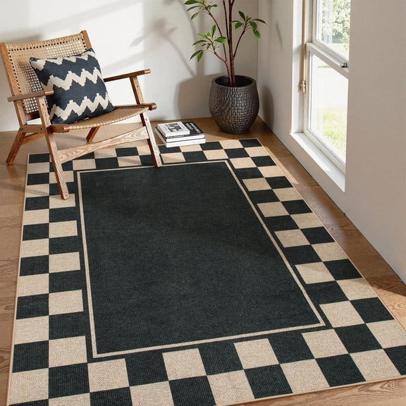 Xwl Easy Jute Rug Checkered Outdoor Patio Rug 3x5, Washable Rugs for Entryway Non Slip Bordered, Indoor Outdoor Carpet for Living Room Bedroom Kitchen Farmhouse Backyard, Black