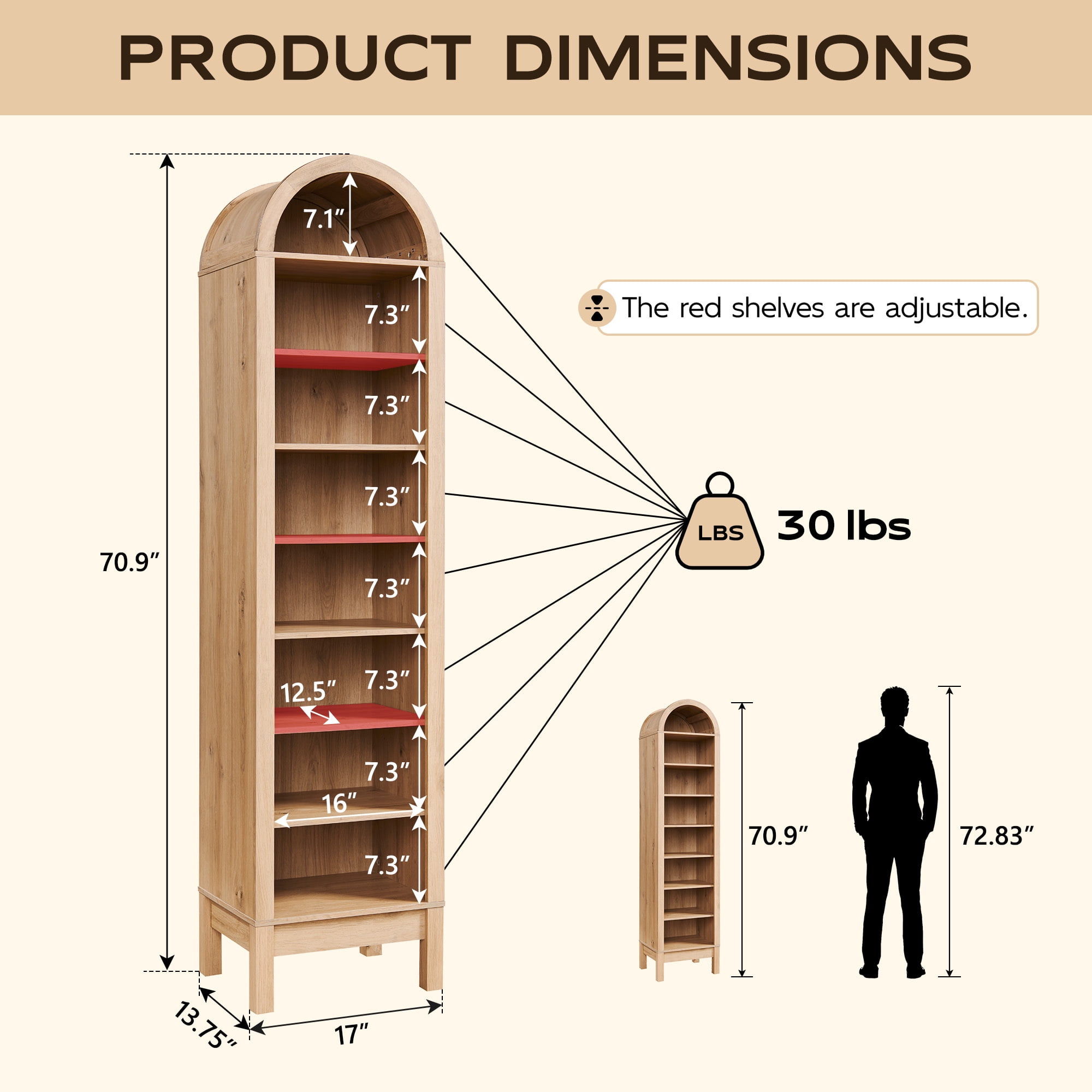 SinCiDo Arched Bookshelf, 8-Tier Open Shelf Bookcase, Medium Density Fiberboard