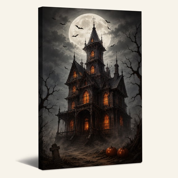 Gothic Haunted House With Glowing Windows And Halloween Canvas Wall Art