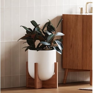 BEMAY 10" White Ceramic Plant Pot with Wood Stand
