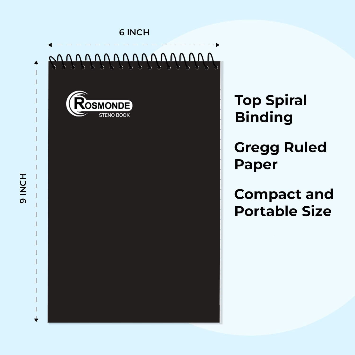 Rosmonde Spiral Steno Pads 12 Pack, 6 x 9 in, Gregg Ruled, 80 Sheets (160 Pages), Top Spiral Notebook, Black Cover, Bulk Steno Pads for Business, Office & Professional Use