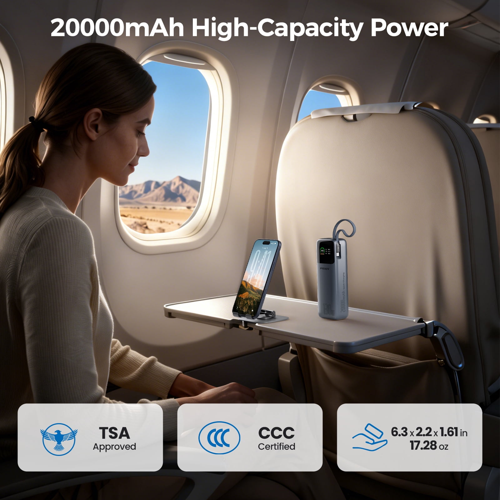 PISEN 3C Certified Power Bank-20000mAh 130W Power Bank,Travel Battery Pack Portable 3C Charger with LED Display, Portable Charger with Built in Cable for iPhone, Samsung and More