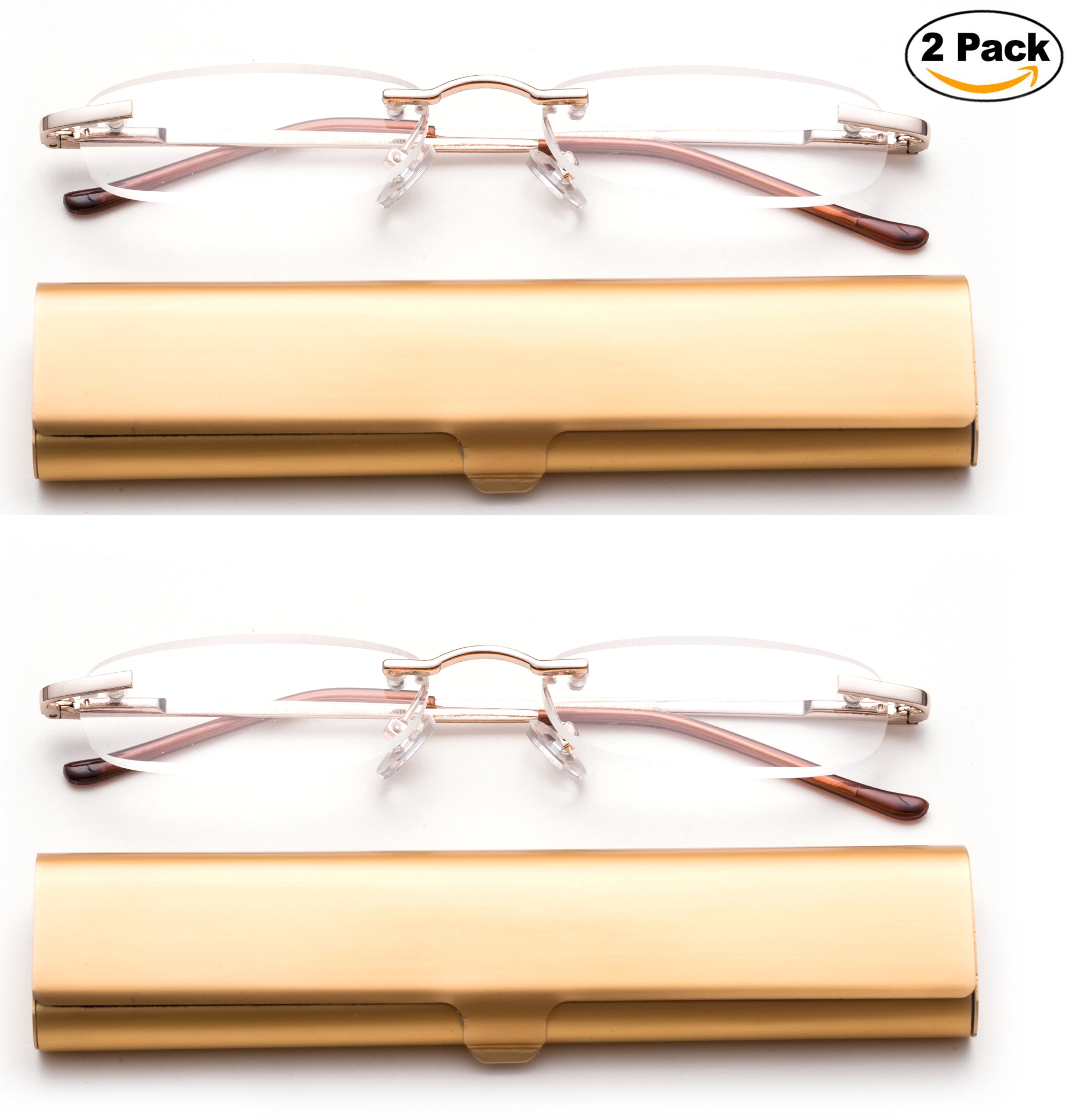 Newbee FashionPortable Compact Reading Glasses in Aluminum Case Metal Rectangle Rimless Reading