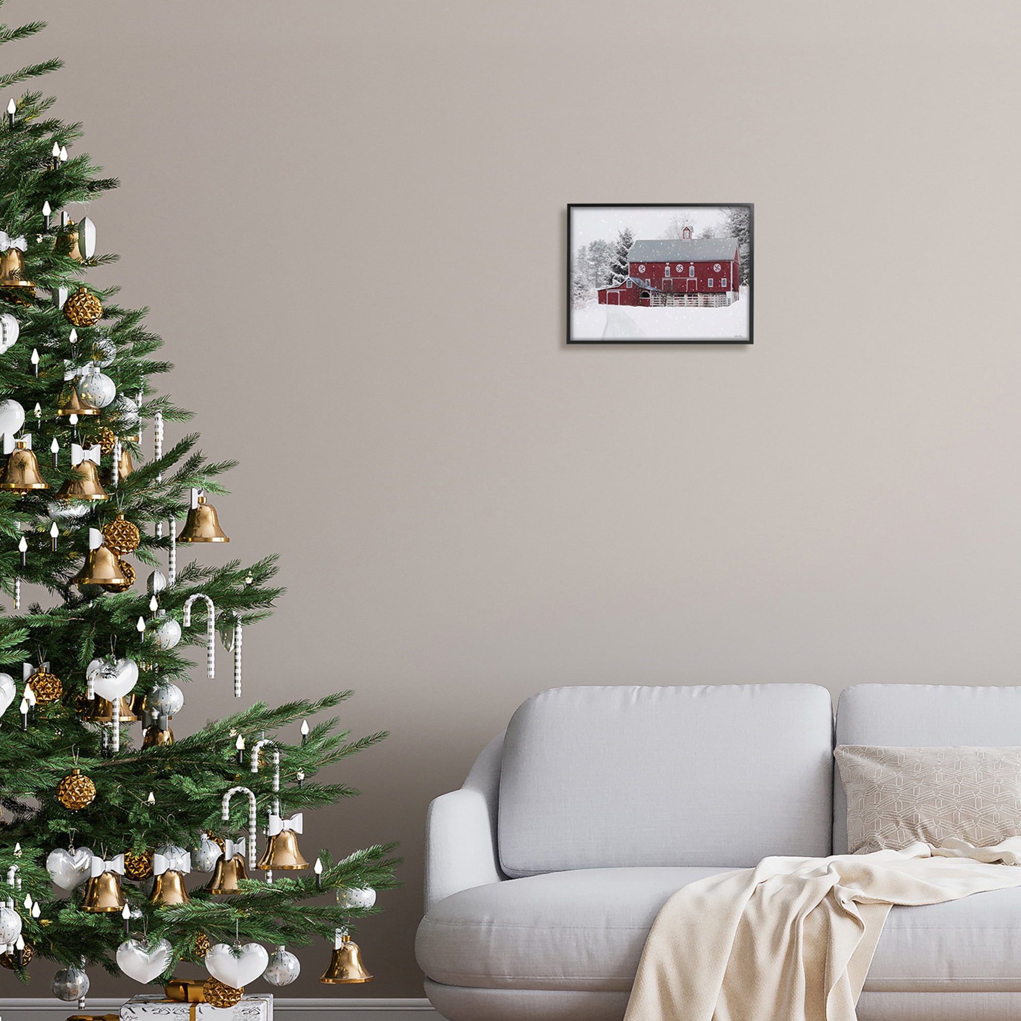 Snow Covered Farmland Red Barn Snowflakes Falling Landscape Painting Framed Art Print Wall Art