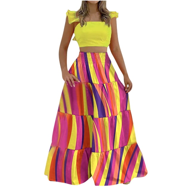 Conjunto de falda y top de manga corta informal con estampado floral de verano para mujer a la moda Wmkox8yi bvn3341