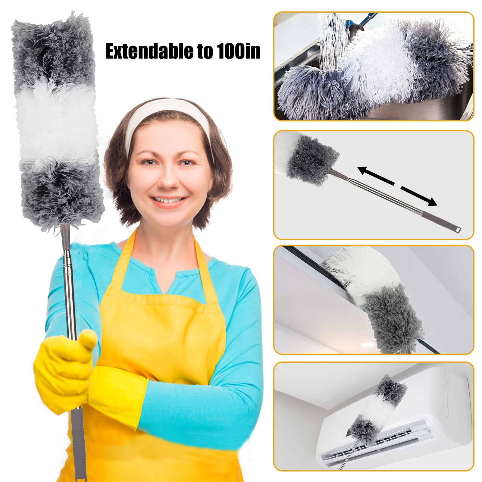 Dusters for Cleaning Microfiber Feather Dusters 100 In for High Ceiling Telescoping Home Cleaning Supplies for Blinds Furniture Car Blue New Upgraded Fan Duster with Extension Pole Stainless Steel 