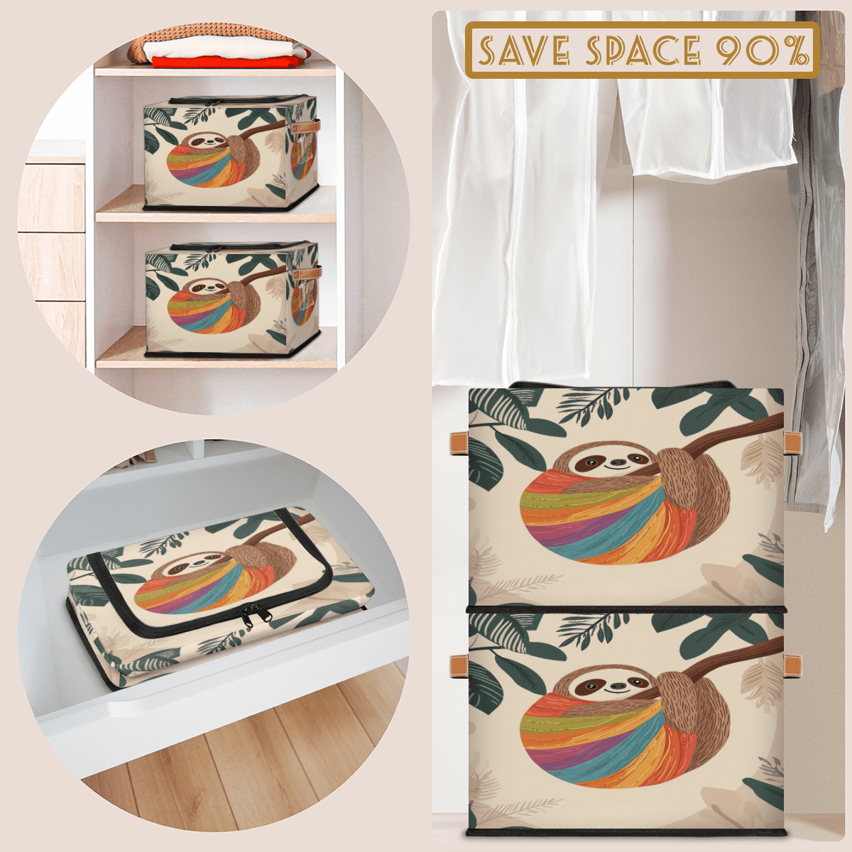 ADECORIVY Tree Sloth Fabric Storage Bin with Lid, Decorative Closet Shelf Organizers, Colorful Funny Foldable Basket Box Clothes Storage Bin with Handles